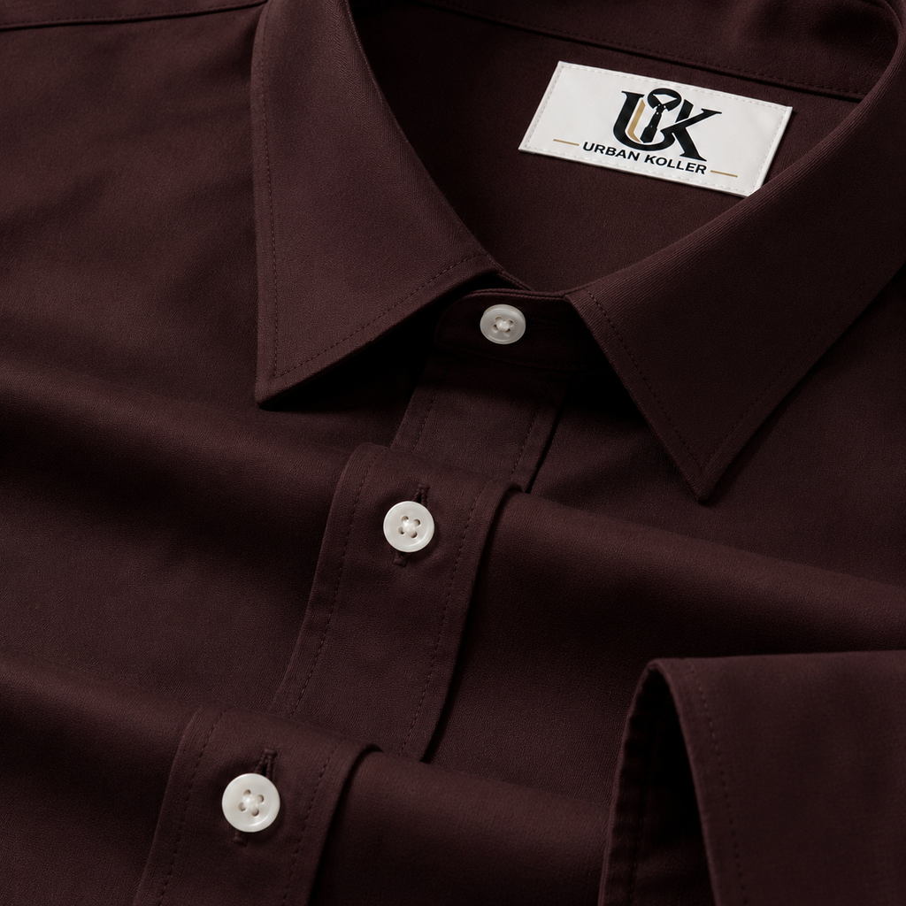 Men’s Dark Oxblood Maroon Satin-Finish Regular Fit Formal Shirt, Full & Half Sleeve