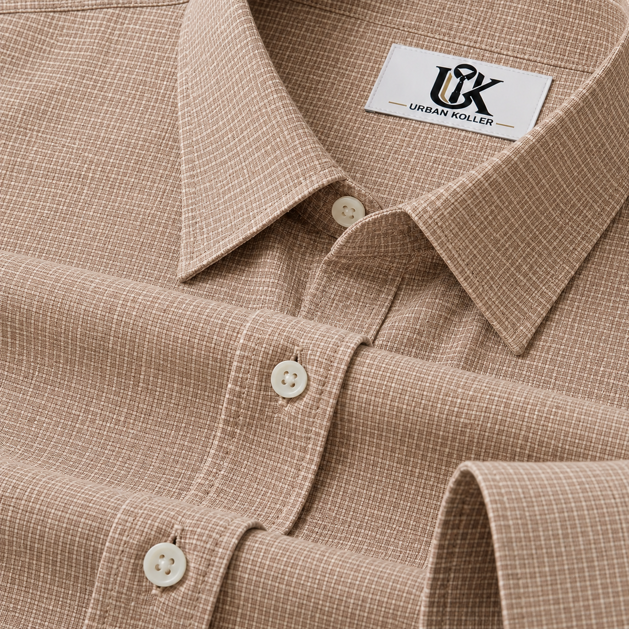 Men’s Light Taupe Beige Micro Check Regular Fit Formal Casual Shirt, Full & Half Sleeve Main image