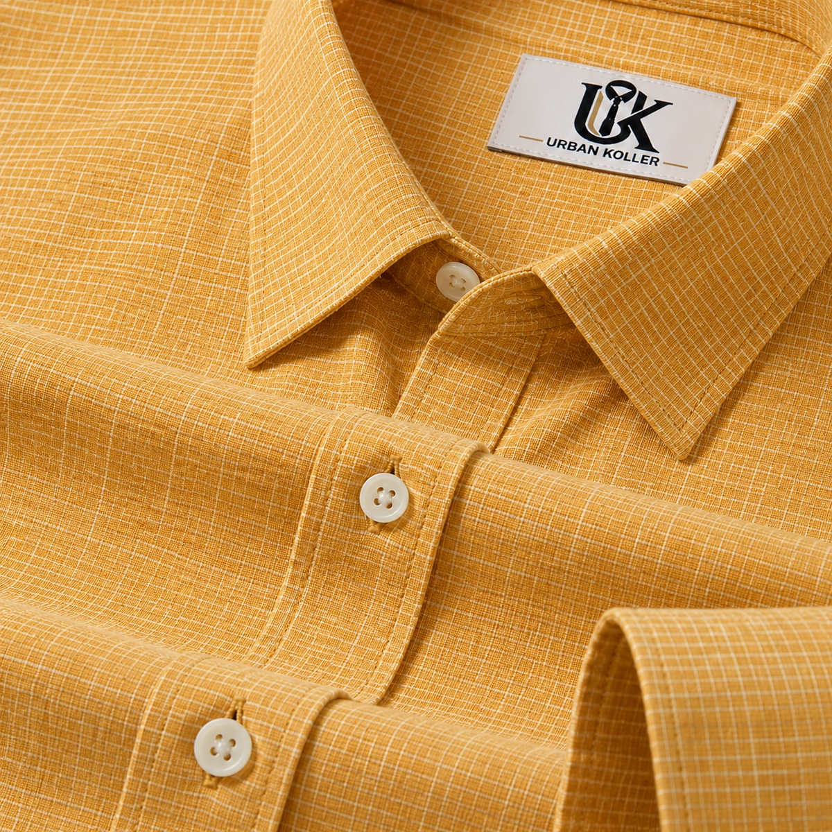 Men’s Mustard Yellow Micro Check Regular Fit Formal Casual Shirt, Full & Half Sleeve Main image