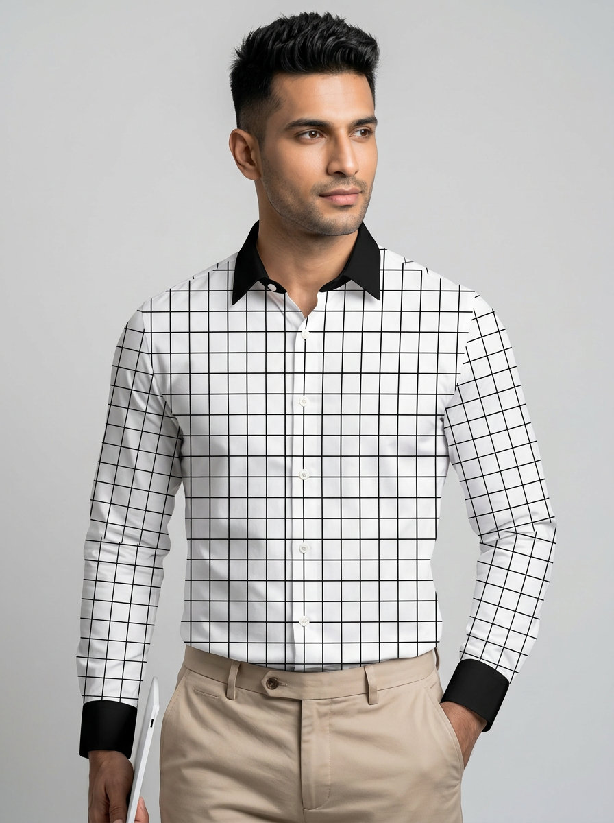 Men's White Black Windowpane Check Shirt Regular Fit Premium Formal Casual Wear