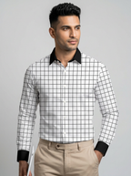 Men's White Black Windowpane Check Shirt Regular Fit Premium Formal Casual Wear