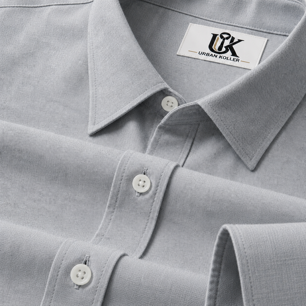 Men’s Light Steel Grey Textured Shirt, Regular Fit Formal Casual Full & Half Sleeve