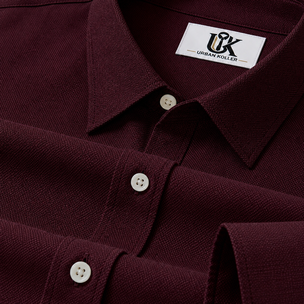 Men’s Burgundy Maroon Textured Regular Fit Formal Casual Shirt, Full & Half Sleeve
