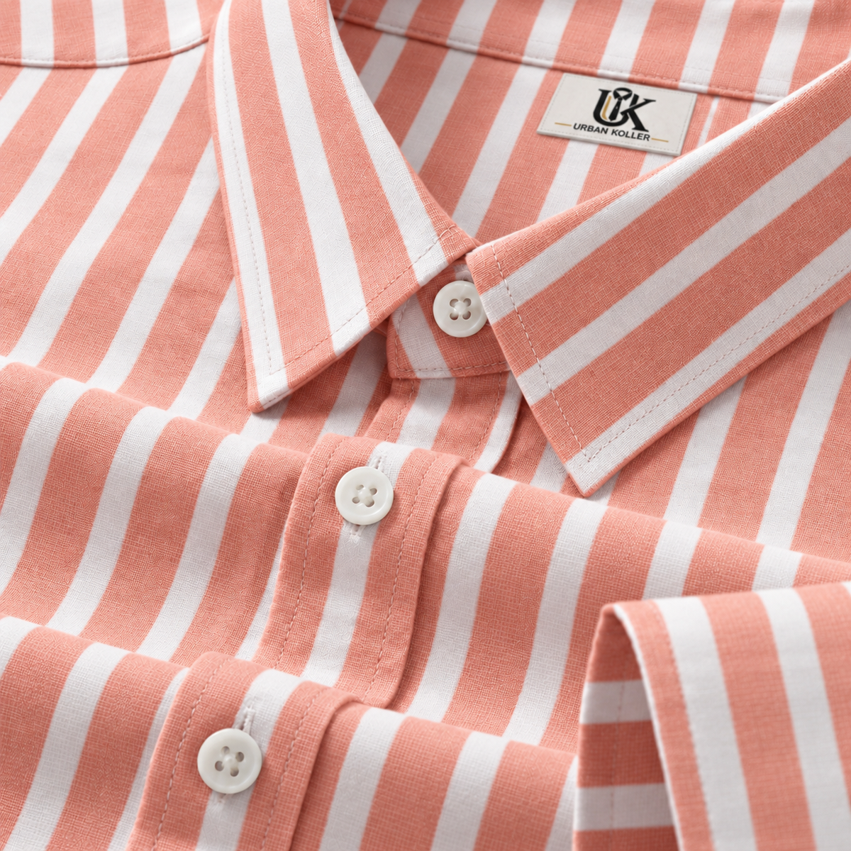Men's Coral Peach & White Striped Regular Fit Formal Shirt | Full & Half Sleeve Main image