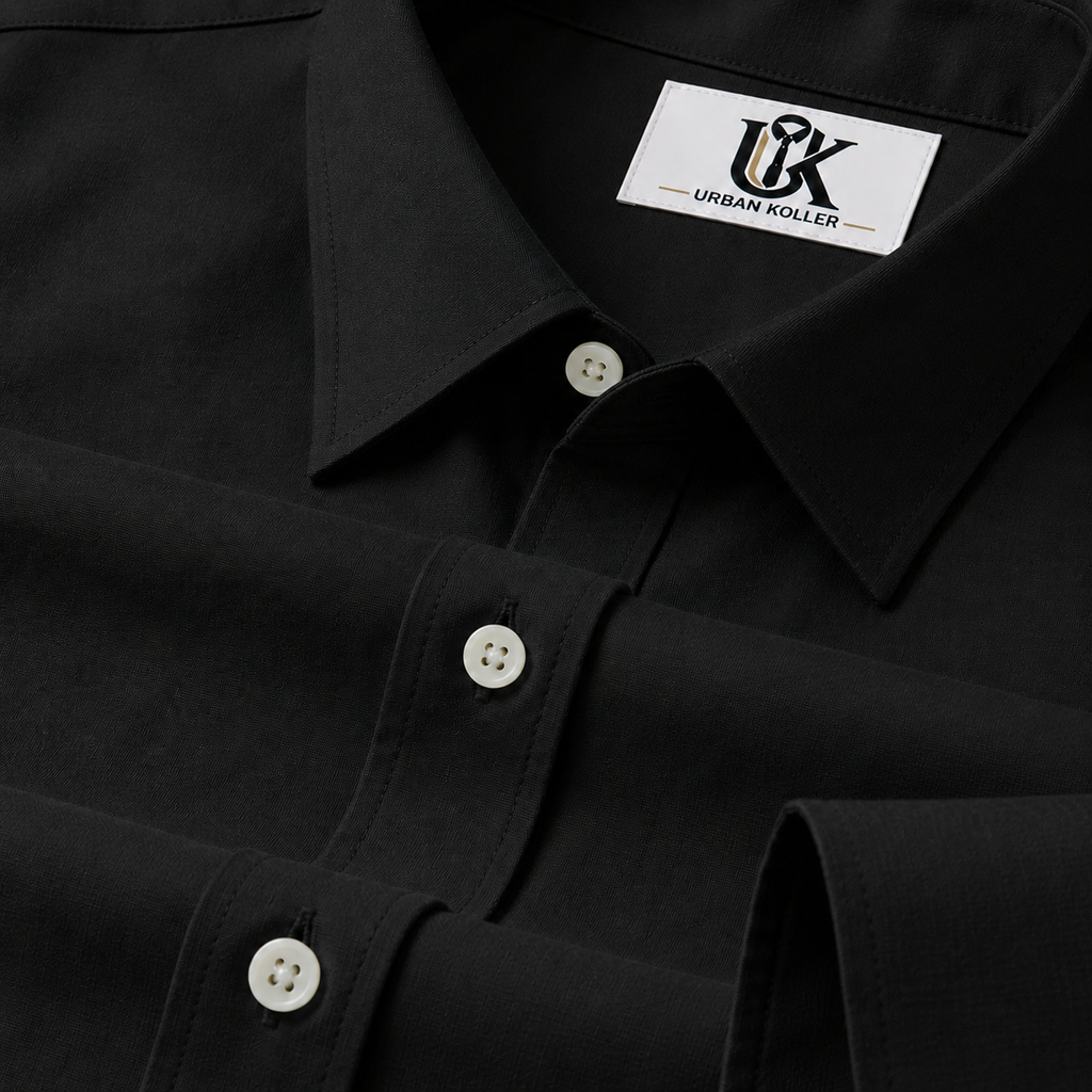 Men’s Jet Black Solid Regular Fit Formal Casual Shirt, Full & Half Sleeve