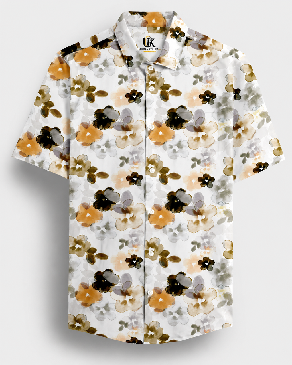 Bright White With Lark Yellow and Kombu Green Hibiscus Flowers Printed Cotton Linen Shirt