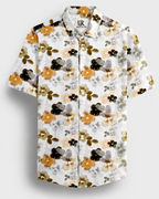 Bright White With Lark Yellow and Kombu Green Hibiscus Flowers Printed Cotton Linen Shirt