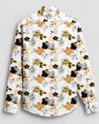 Bright White With Lark Yellow and Kombu Green Hibiscus Flowers Printed Cotton Linen Shirt