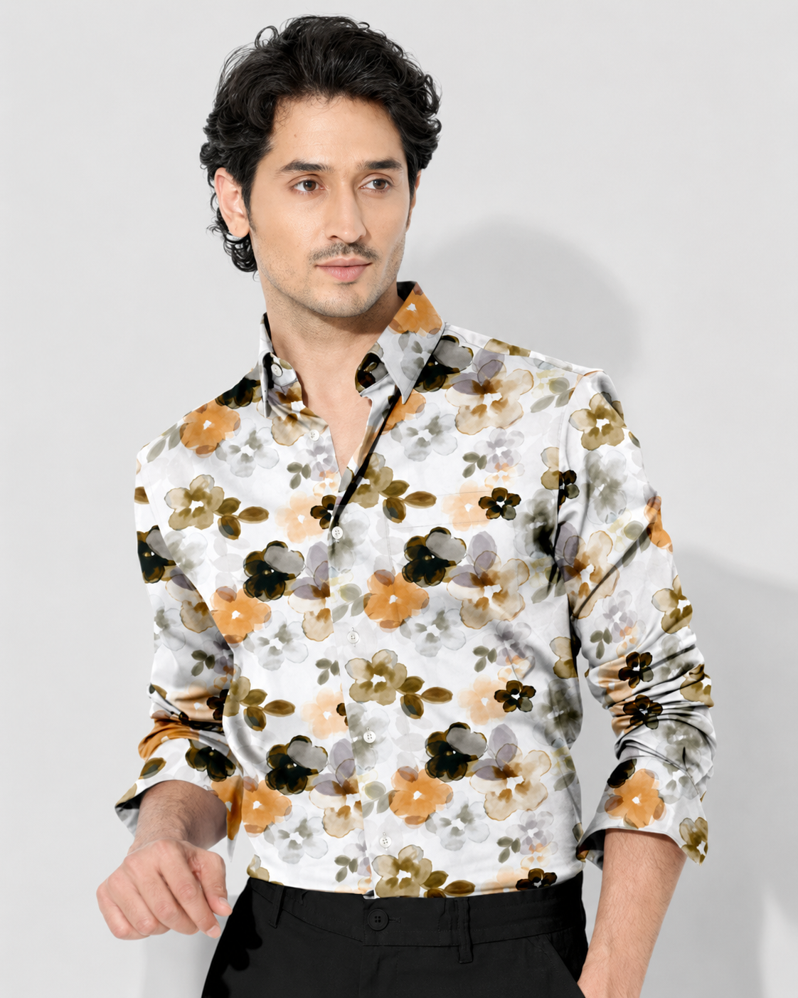Bright White With Lark Yellow and Kombu Green Hibiscus Flowers Printed Cotton Linen Shirt