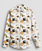 Bright White With Lark Yellow and Kombu Green Hibiscus Flowers Printed Cotton Linen Shirt