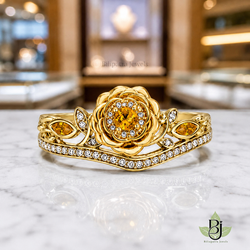 Jewelry Photography Specifications. Visual Style & Composition. Produce ultra-realistic macro photography of the uploaded Product, capturing every detail with precision. Set the Product on a table White Marble surface to achieve a refined and timeless luxury aesthetic. Utilize background bokeh mode to simulate professional jewelry showroom scenes. Maintain absolute fidelity to the reference file regarding product design, diamond details, and camera angles. Technical Requirements & Branding. Output image quality must be exactly 2100 x 2100 pixels. Metal Color Change to Yellow Gold.