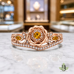 Jewelry Photography Specifications. Visual Style & Composition. Produce ultra-realistic macro photography of the uploaded Product, capturing every detail with precision. Set the Product on a table White Marble surface to achieve a refined and timeless luxury aesthetic. Utilize background bokeh mode to simulate professional jewelry showroom scenes. Maintain absolute fidelity to the reference file regarding product design, diamond details, and camera angles. Technical Requirements & Branding. Output image quality must be exactly 2100 x 2100 pixels. Metal Color Change to Rose Gold.