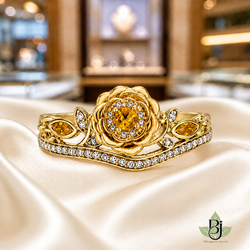 Jewelry Photography Specifications. Visual Style & Composition. Produce ultra-realistic macro photography of the uploaded Product, capturing every detail with precision. Set the product on a pure ivory silk surface to achieve a refined and timeless luxury aesthetic. Utilize background bokeh mode to simulate professional jewelry showroom scenes. Maintain absolute fidelity to the reference file regarding product design, diamond details, and camera angles. Technical Requirements & Branding. Metal color change to yellow gold. Output image quality must be exactly 2100 x 2100 pixels.
