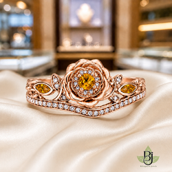 Jewelry Photography Specifications. Visual Style & Composition. Produce ultra-realistic macro photography of the uploaded Product, capturing every detail with precision. Set the product on a pure ivory silk surface to achieve a refined and timeless luxury aesthetic. Utilize background bokeh mode to simulate professional jewelry showroom scenes. Maintain absolute fidelity to the reference file regarding product design, diamond details, and camera angles. Technical Requirements & Branding. Metal color change to Rose Gold. Output image quality must be exactly 2100 x 2100 pixels.