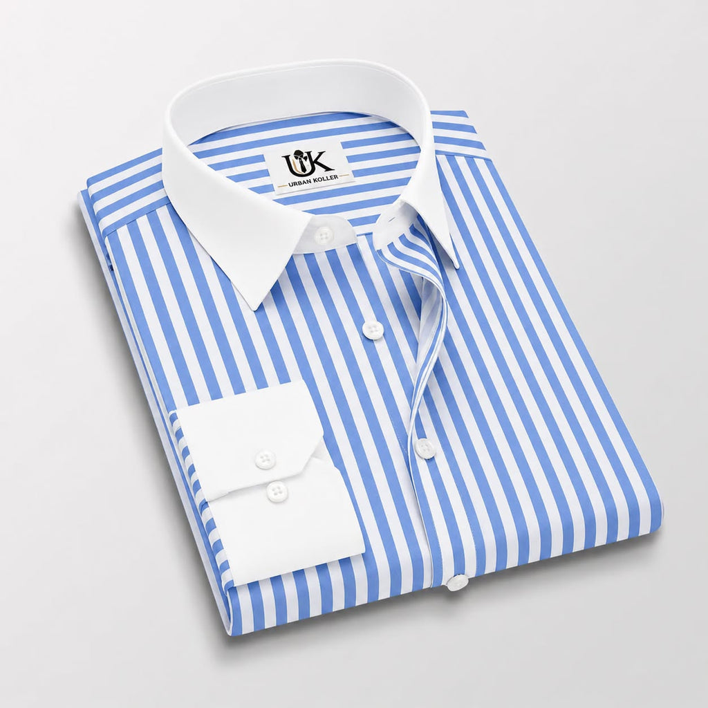 Robbia Blue And Milky White Stripes Oxford Structured Designer Cotton Shirt