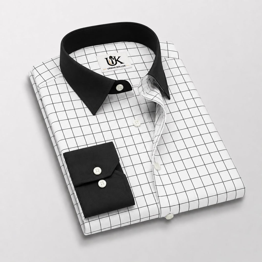 Men's White Black Windowpane Check Shirt Regular Fit Premium Formal Casual Wear