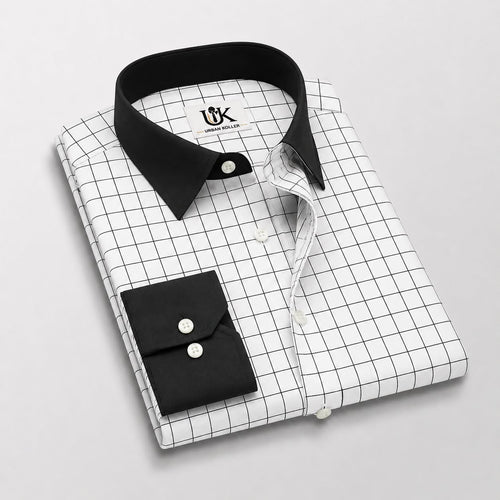 Men's White Black Windowpane Check Shirt Regular Fit Premium Formal Casual Wear