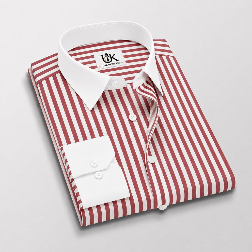 Sandalwood Red And Milky White Stripes Oxford Structured Designer Cotton Shirt