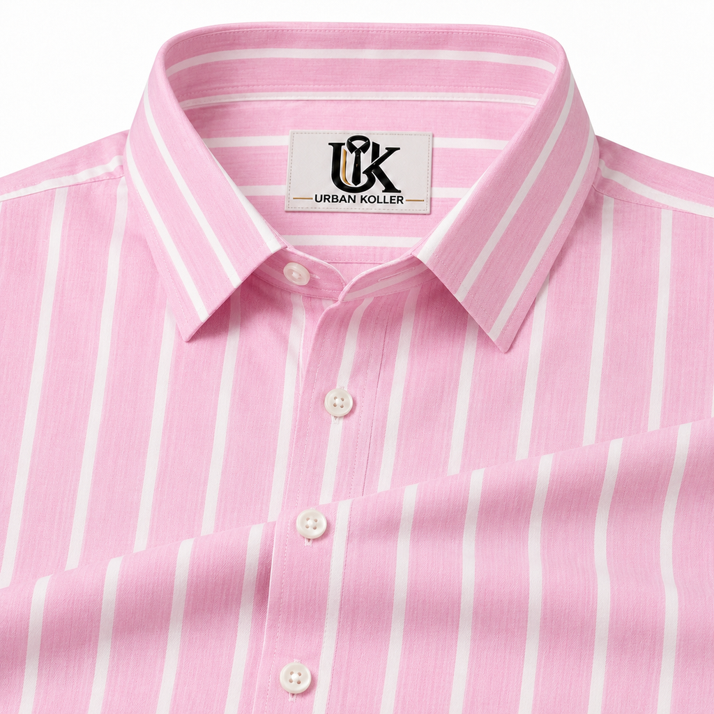 Men’s Pink & White Vertical Striped Regular Fit Formal Casual Shirt, Full & Half Sleeve