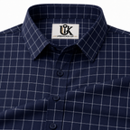 Men's Navy Blue Grid Checkered Shirt - Smart Casual Button-Down