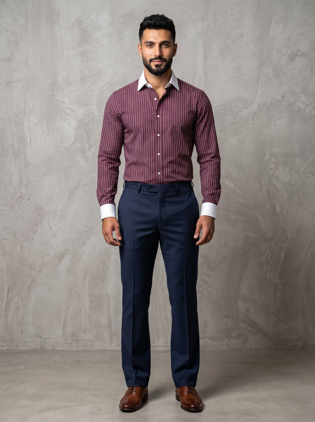 Men’s Burgundy White Vertical Striped Shirt | Contrast Collar & Cuffs | Full & Half Sleeve | Regular Fit Formal Casual Shirt