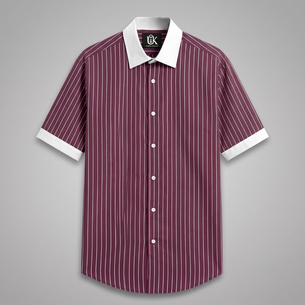 Men’s Burgundy White Vertical Striped Shirt | Contrast Collar & Cuffs | Full & Half Sleeve | Regular Fit Formal Casual Shirt