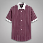 Men’s Burgundy White Vertical Striped Shirt | Contrast Collar & Cuffs | Full & Half Sleeve | Regular Fit Formal Casual Shirt