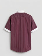 Men’s Burgundy White Vertical Striped Shirt | Contrast Collar & Cuffs | Full & Half Sleeve | Regular Fit Formal Casual Shirt