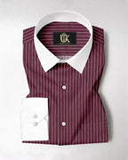 Men’s Burgundy White Vertical Striped Shirt | Contrast Collar & Cuffs | Full & Half Sleeve | Regular Fit Formal Casual Shirt