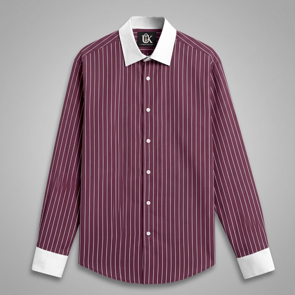 Men’s Burgundy White Vertical Striped Shirt | Contrast Collar & Cuffs | Full & Half Sleeve | Regular Fit Formal Casual Shirt