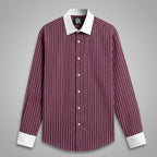 Men’s Burgundy White Vertical Striped Shirt | Contrast Collar & Cuffs | Full & Half Sleeve | Regular Fit Formal Casual Shirt