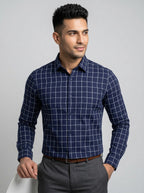 Men's Navy Blue Grid Checkered Shirt - Smart Casual Button-Down
