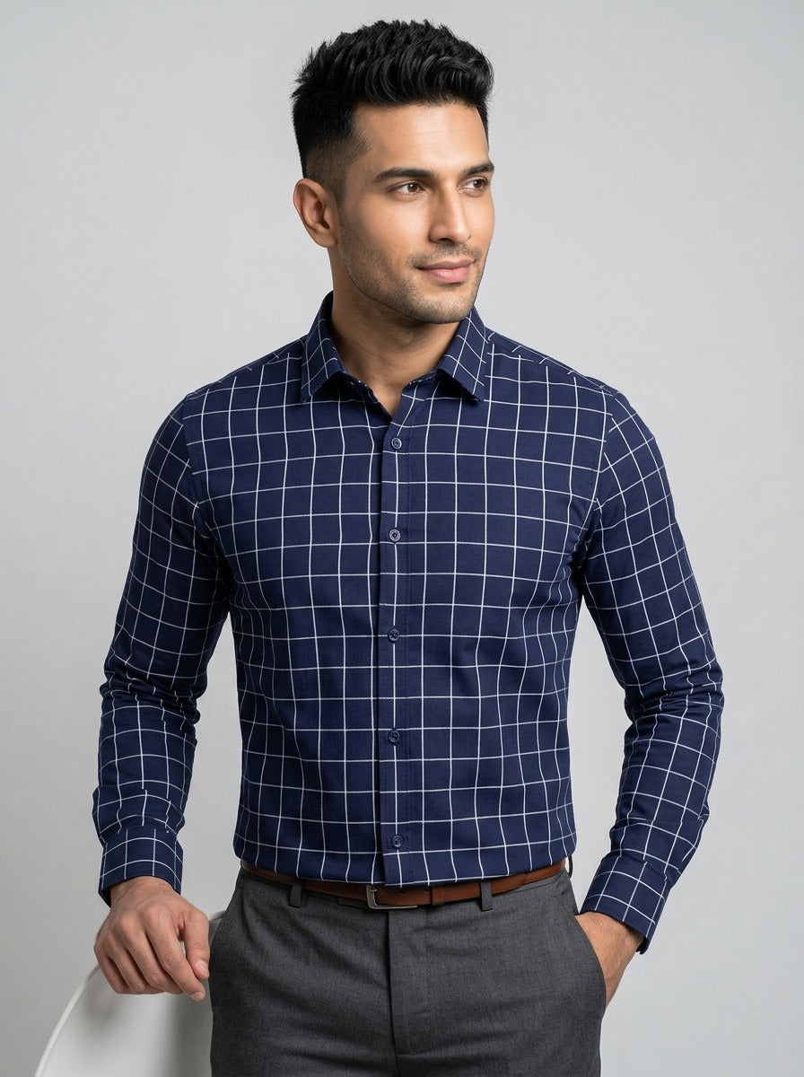 Men's Navy Blue Grid Checkered Shirt - Smart Casual Button-Down