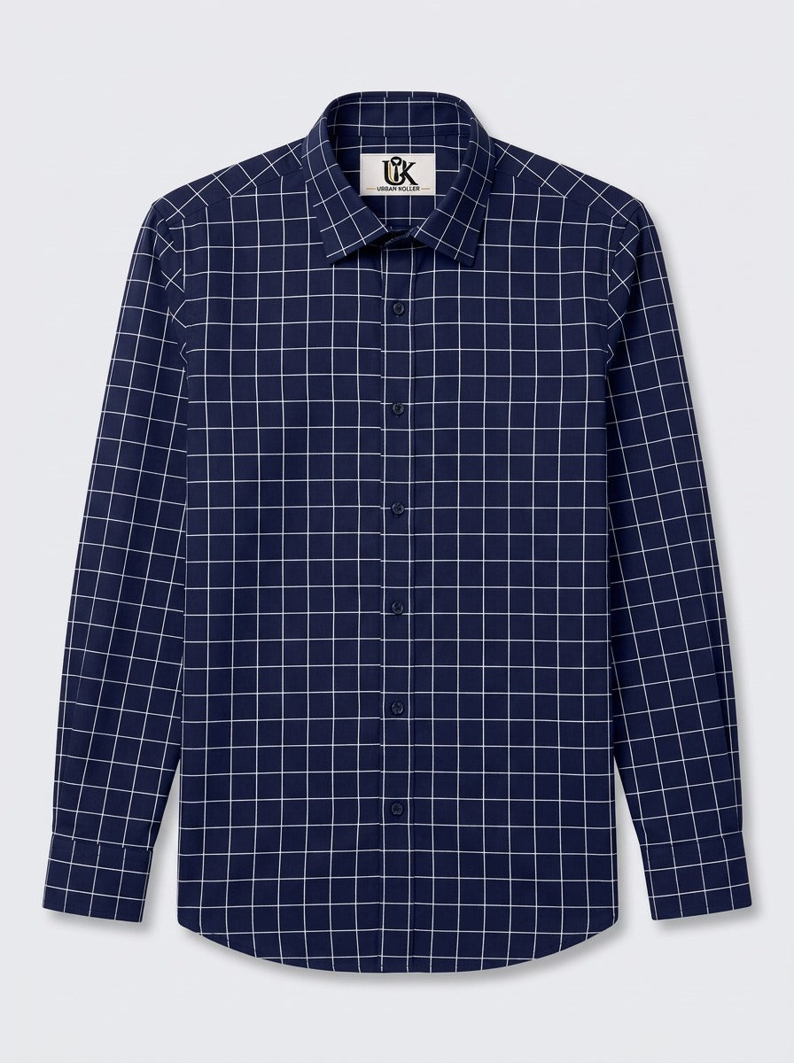 Men's Navy Blue Grid Checkered Shirt - Smart Casual Button-Down