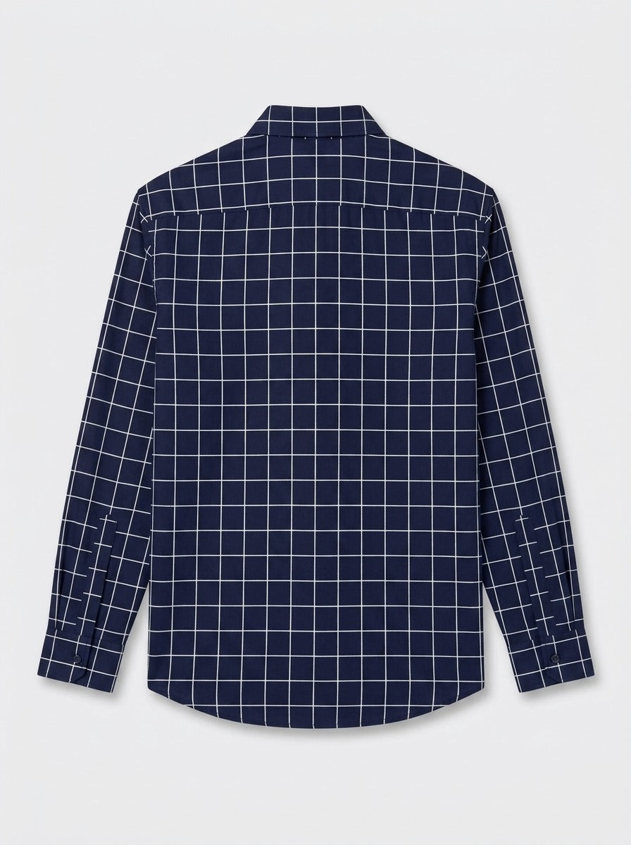 Men's Navy Blue Grid Checkered Shirt - Smart Casual Button-Down