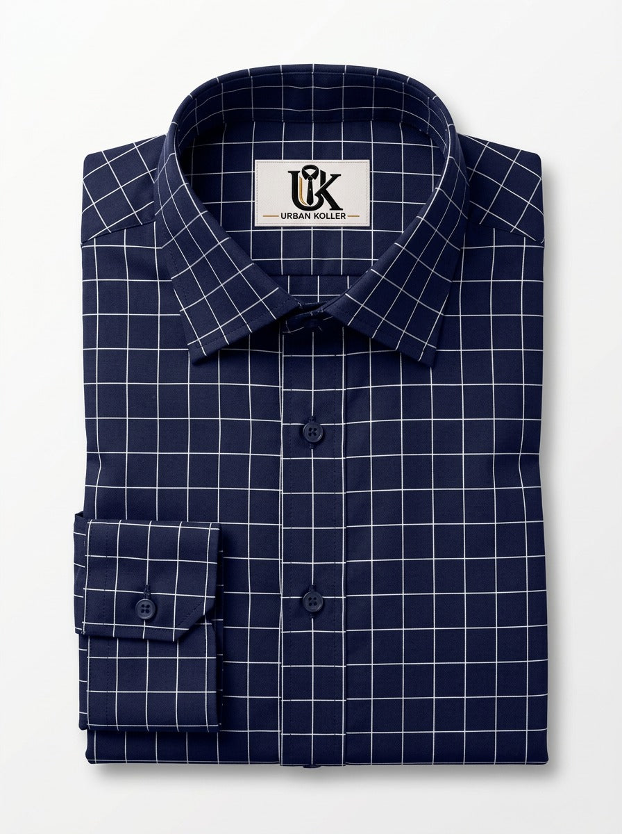 Men's Navy Blue Grid Checkered Shirt - Smart Casual Button-Down