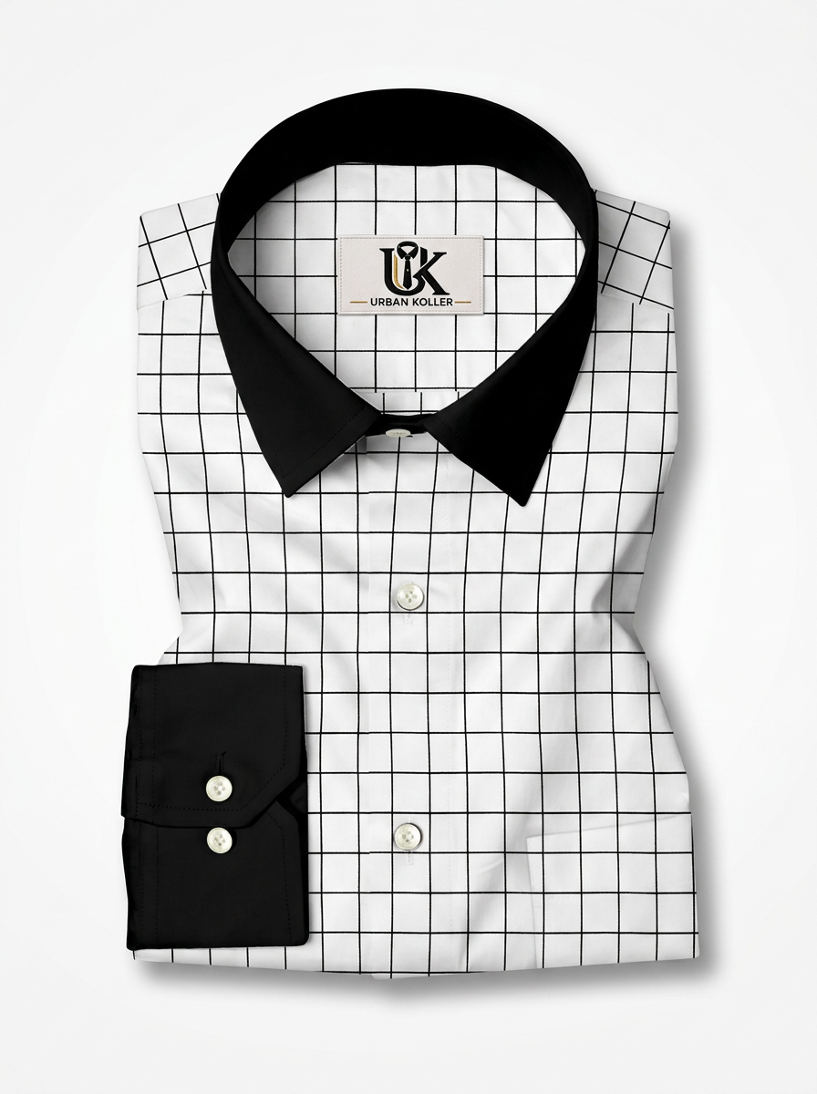 Men's White Black Windowpane Check Shirt Regular Fit Premium Formal Casual Wear