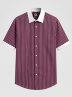 Men’s Burgundy White Vertical Striped Shirt | Contrast Collar & Cuffs | Full & Half Sleeve | Regular Fit Formal Casual Shirt