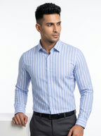 Men's Sky Blue & White Vertical Striped Regular Fit Formal Shirt | Full & Half Sleeve