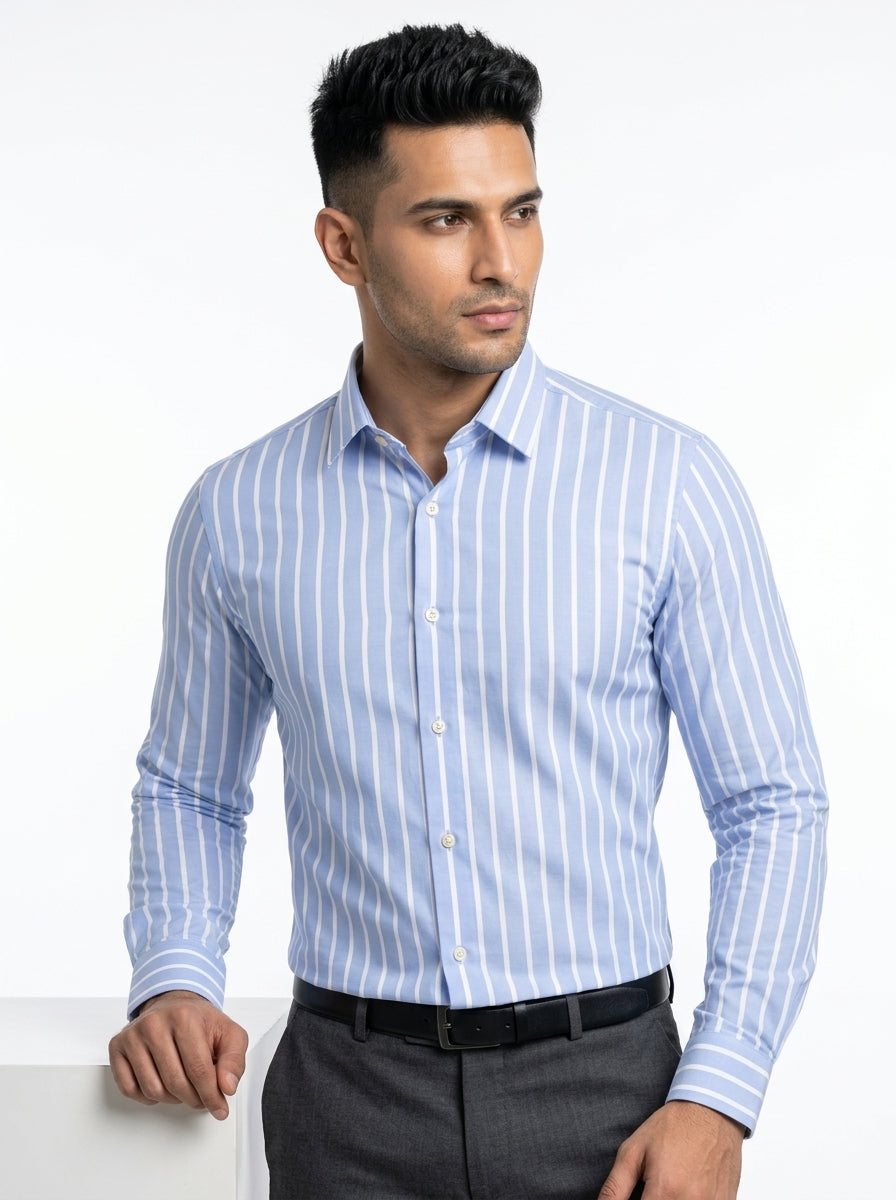 Men's Sky Blue & White Vertical Striped Regular Fit Formal Shirt | Full & Half Sleeve