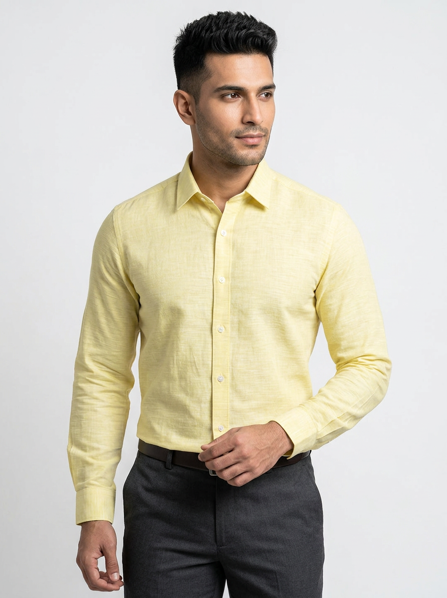 Men’s Lemon Yellow Textured Shirt, Regular Fit Formal Casual Full & Half Sleeve