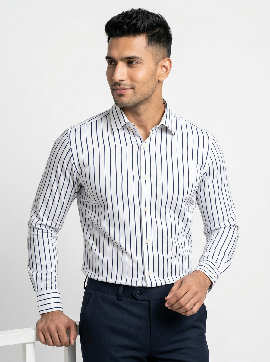 Men's White Navy Blue Stripe Shirt Regular Fit Premium Formal Casual Wear Secondary image