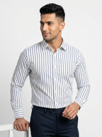 Men's White Navy Blue Stripe Shirt Regular Fit Premium Formal Casual Wear