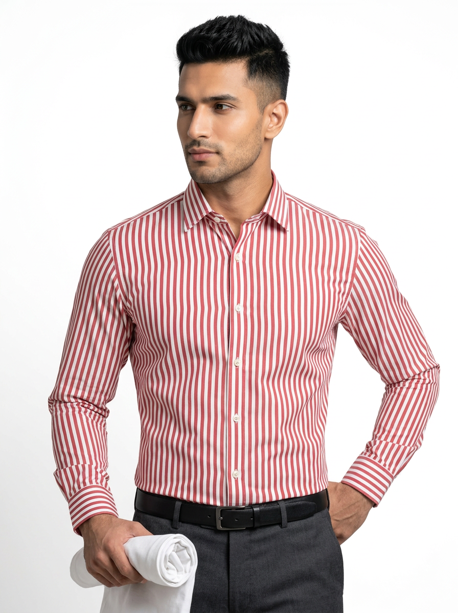 Men's White & Rose Pink Striped Regular Fit Formal Shirt | Full & Half Sleeve Secondary image