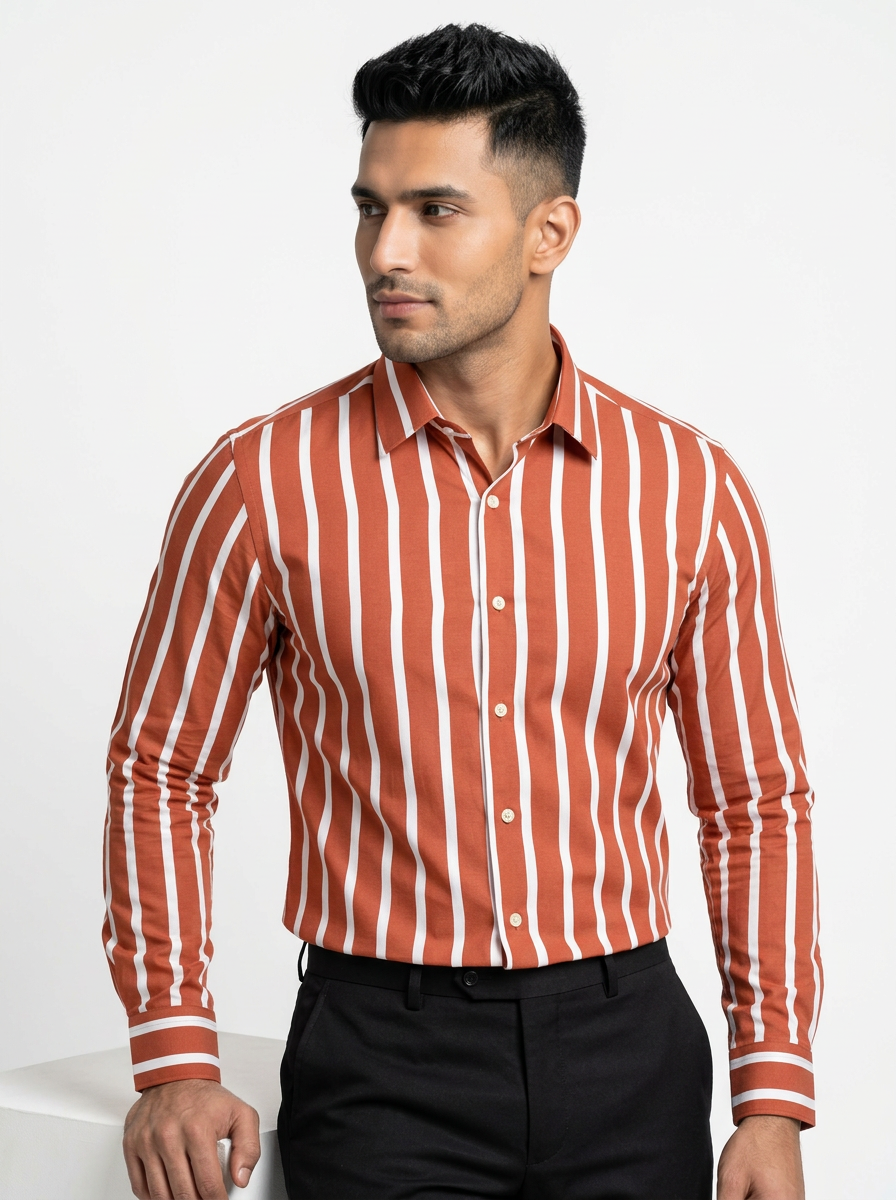 Men's Rust Orange & White Striped Regular Fit Formal Shirt | Full & Half Sleeve Secondary image
