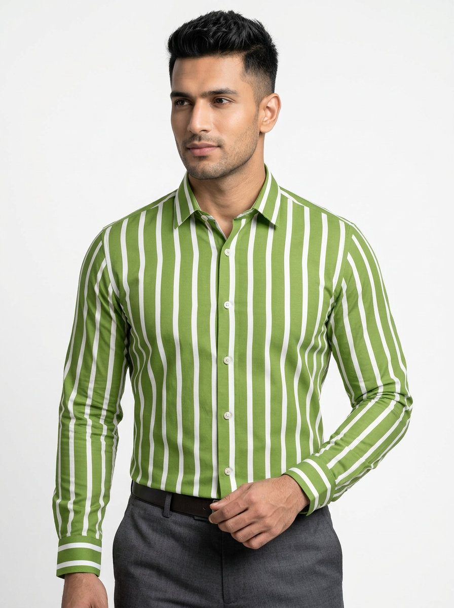Men's Green & White Vertical Striped Regular Fit Formal Shirt | Full & Half Sleeve