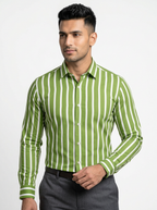 Men's Green & White Vertical Striped Regular Fit Formal Shirt | Full & Half Sleeve