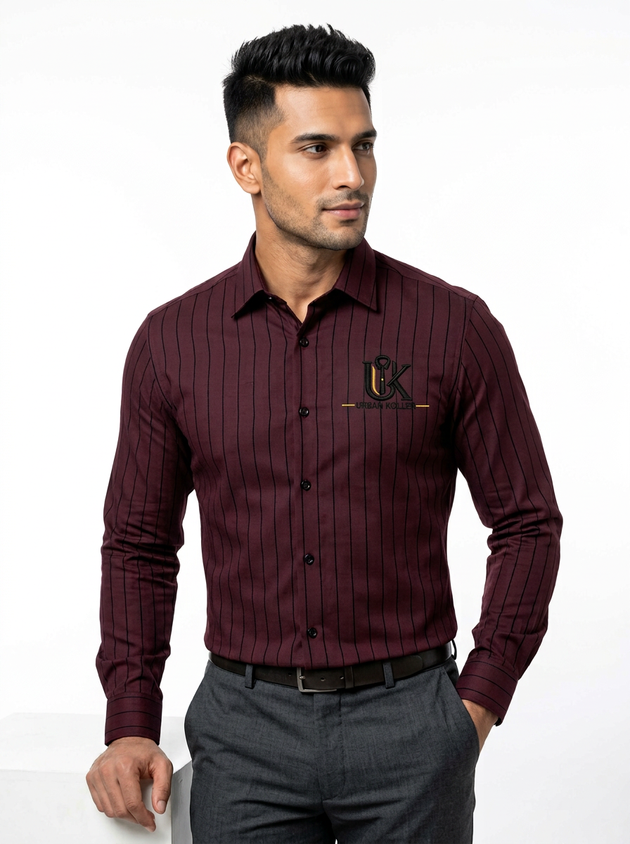 Men's Coffee Brown Pinstripe Formal Shirt Regular Fit | Full & Half Sleeve Secondary image