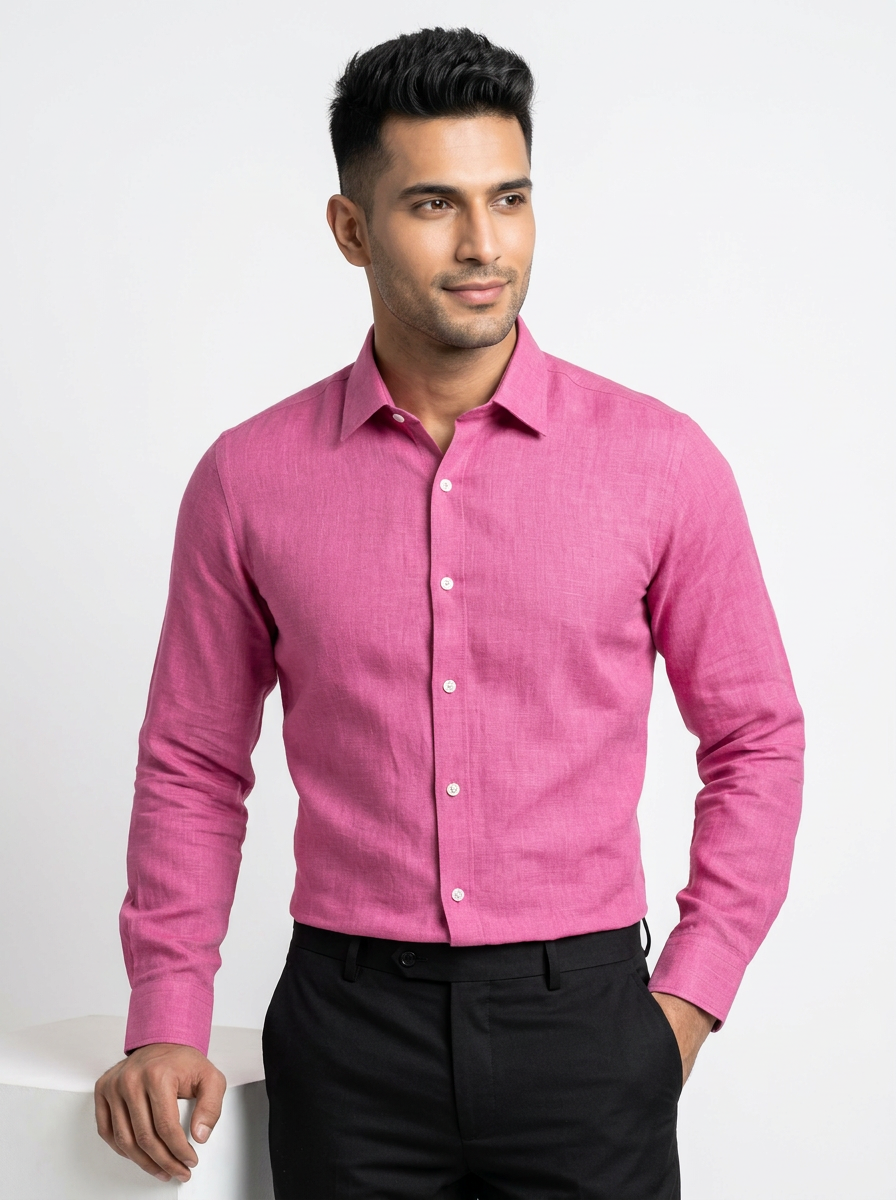 Men’s Fuchsia Pink Textured Regular Fit Formal Casual Shirt, Full & Half Sleeve