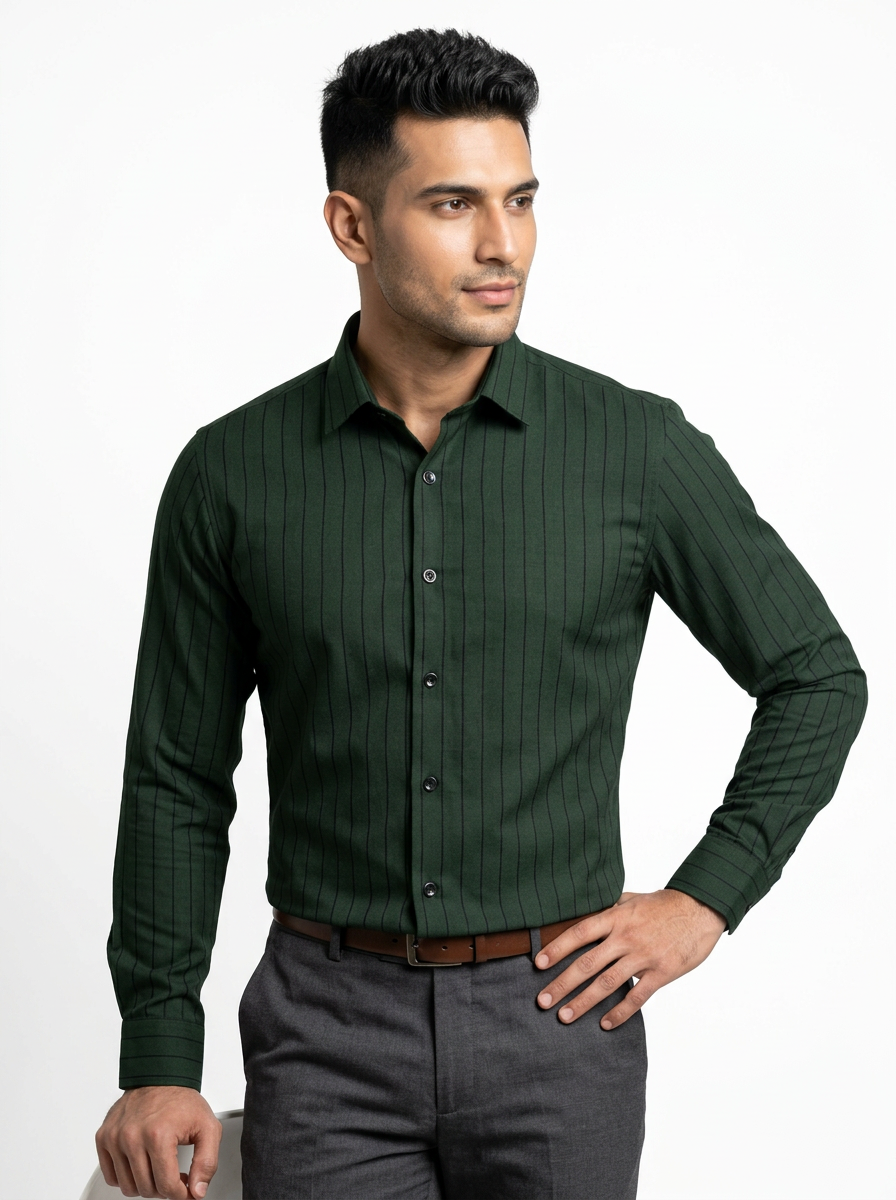 Men's Dark Forest Green Pinstripe Shirt Regular Fit Premium Formal Casual Wear Secondary image
